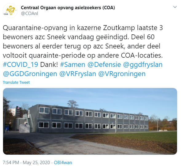 Quarantaine-opvang in kazerne Zoutkamp laatste 3 bewoners azc Sneek vandaag geëindigd.